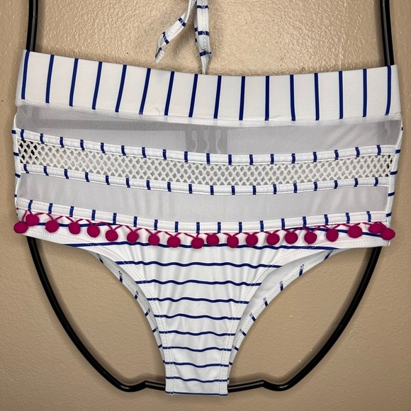 ADORABLE Striped High Waist Bikini with Pom Pom Trim Size Medium - Picture 2 of 7